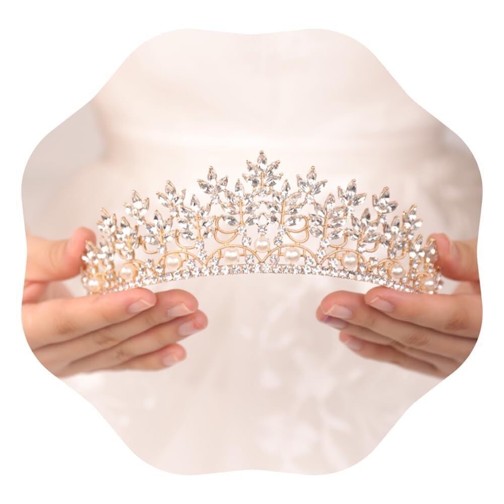 6069 Gold Crystal Pearl Tiara Crown Princess Rhinestone Crown Headband